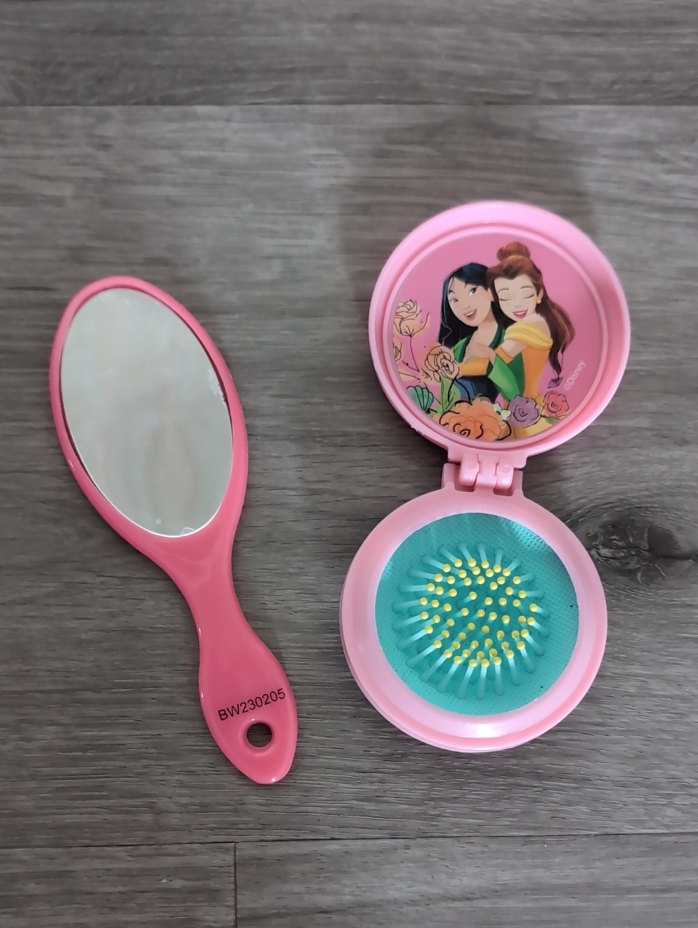 Disney Pink Compact Brush & Hand Mirror Set with Teal Bristles